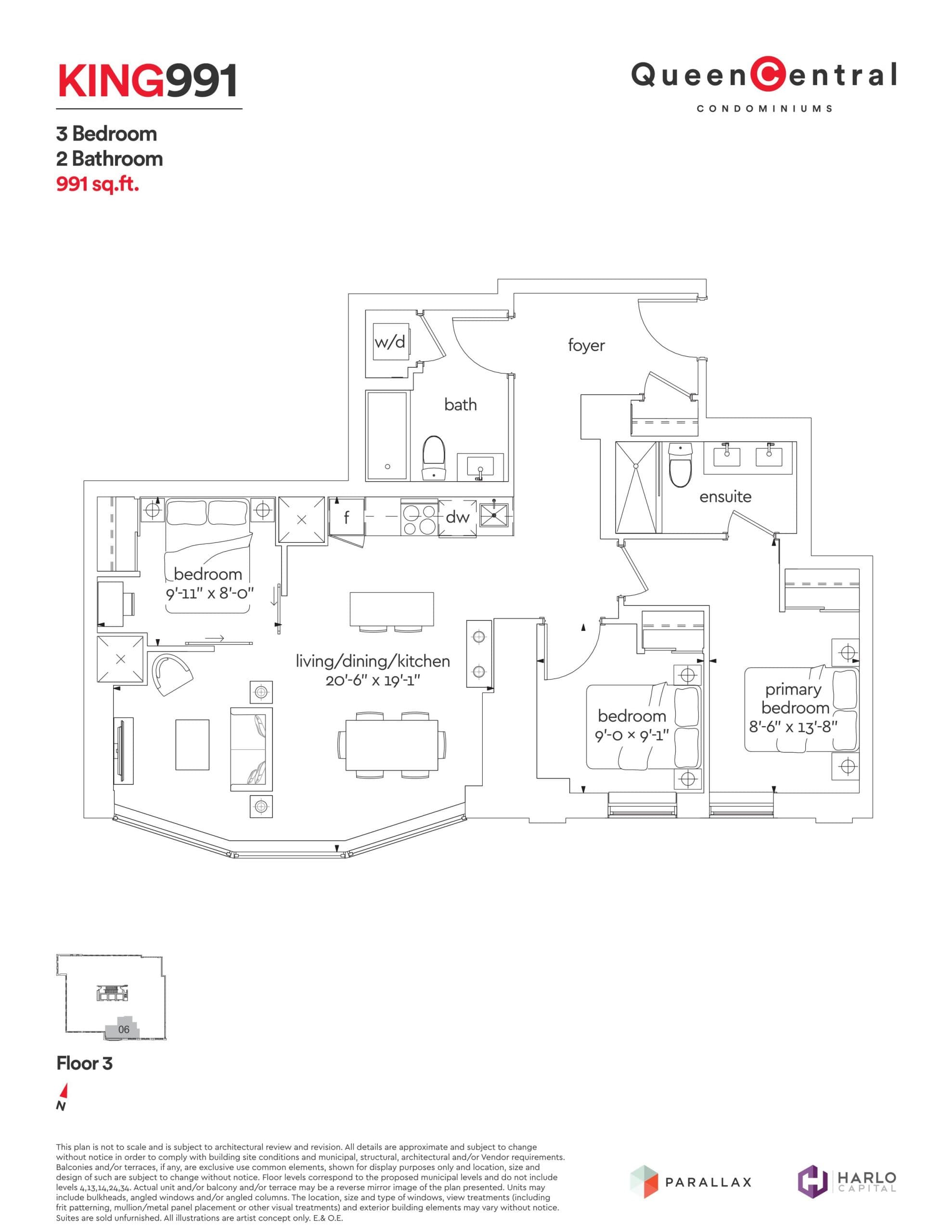 King 991 Floor Plan at Queen Central Condos - 991 sq.ft