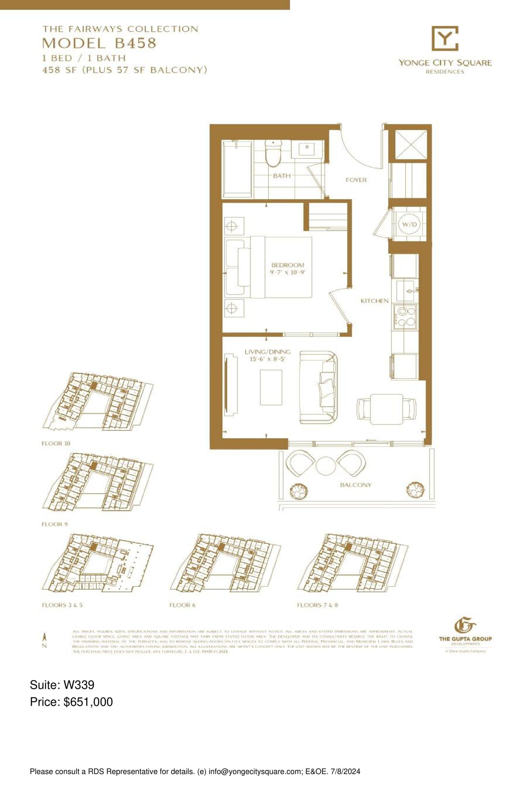 Model B458 (The Fairways Collection) W339 Floor Plan at Yonge City Square Condos - 458 sq.ft