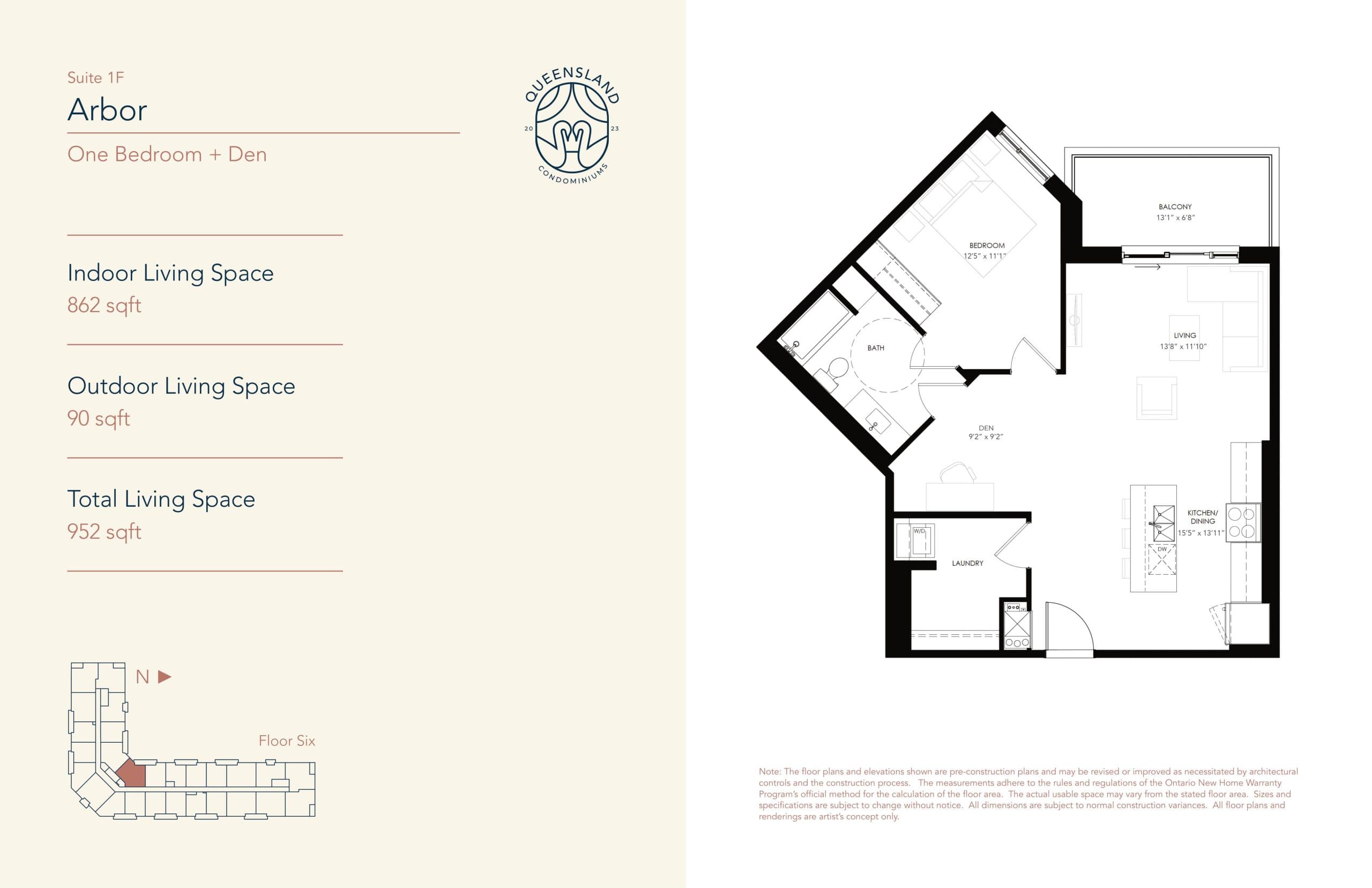 Arbor - Suite 1F Floor Plan at Queensland Condos - 862 sq.ft