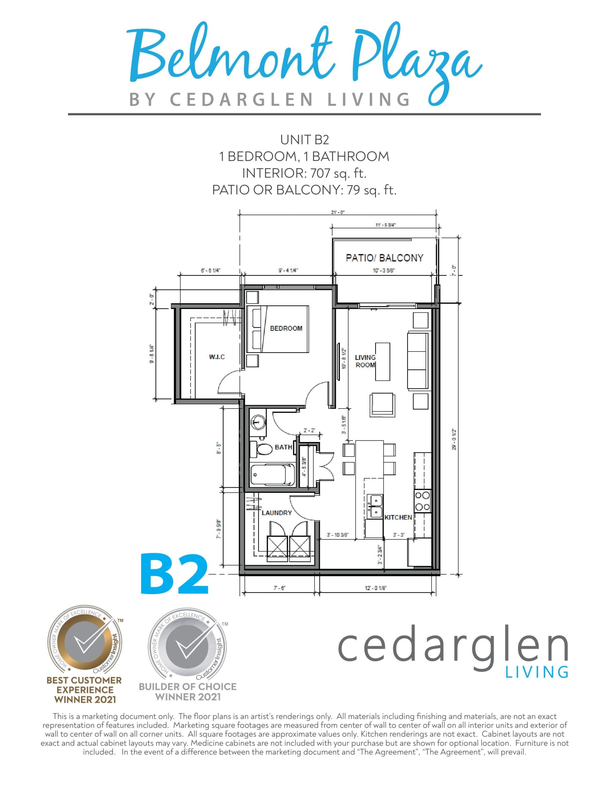 Unit B2 Floor Plan at Belmont Plaza by Cedarglen - 707 sq.ft