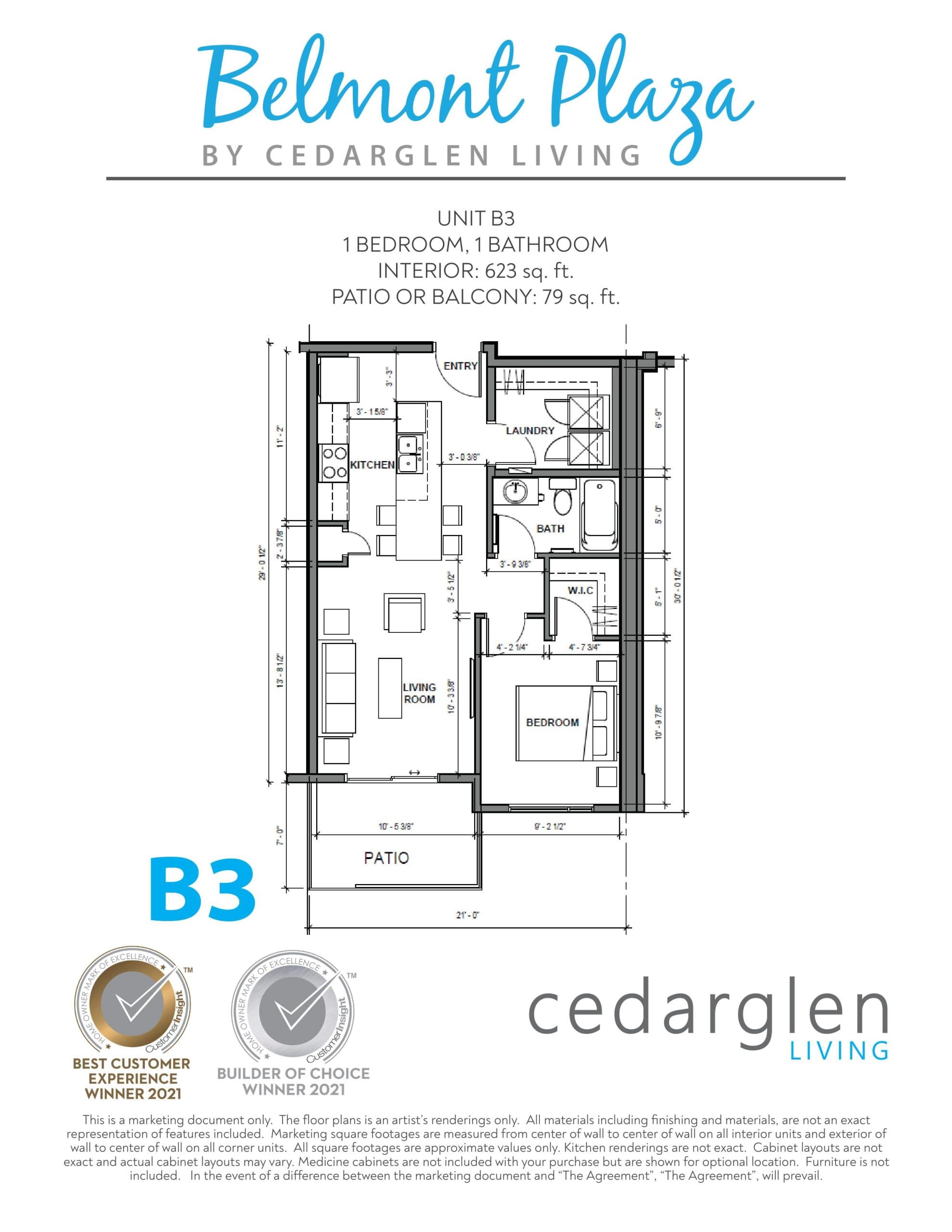 Unit B3 Floor Plan at Belmont Plaza by Cedarglen - 623 sq.ft