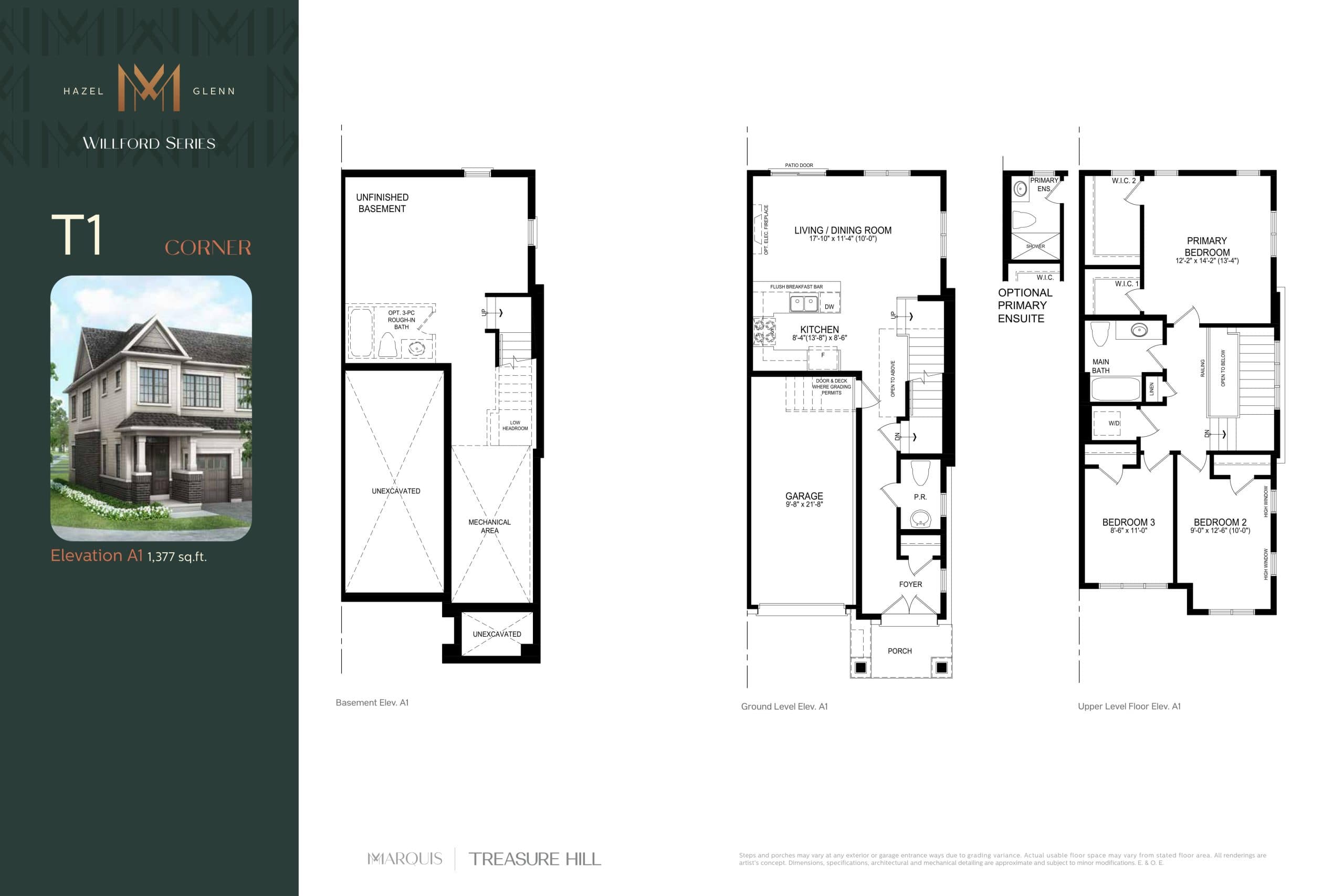 T1 Corner Floor Plan at Marquis Series at Hazel Glenn Towns - 1377 sq.ft
