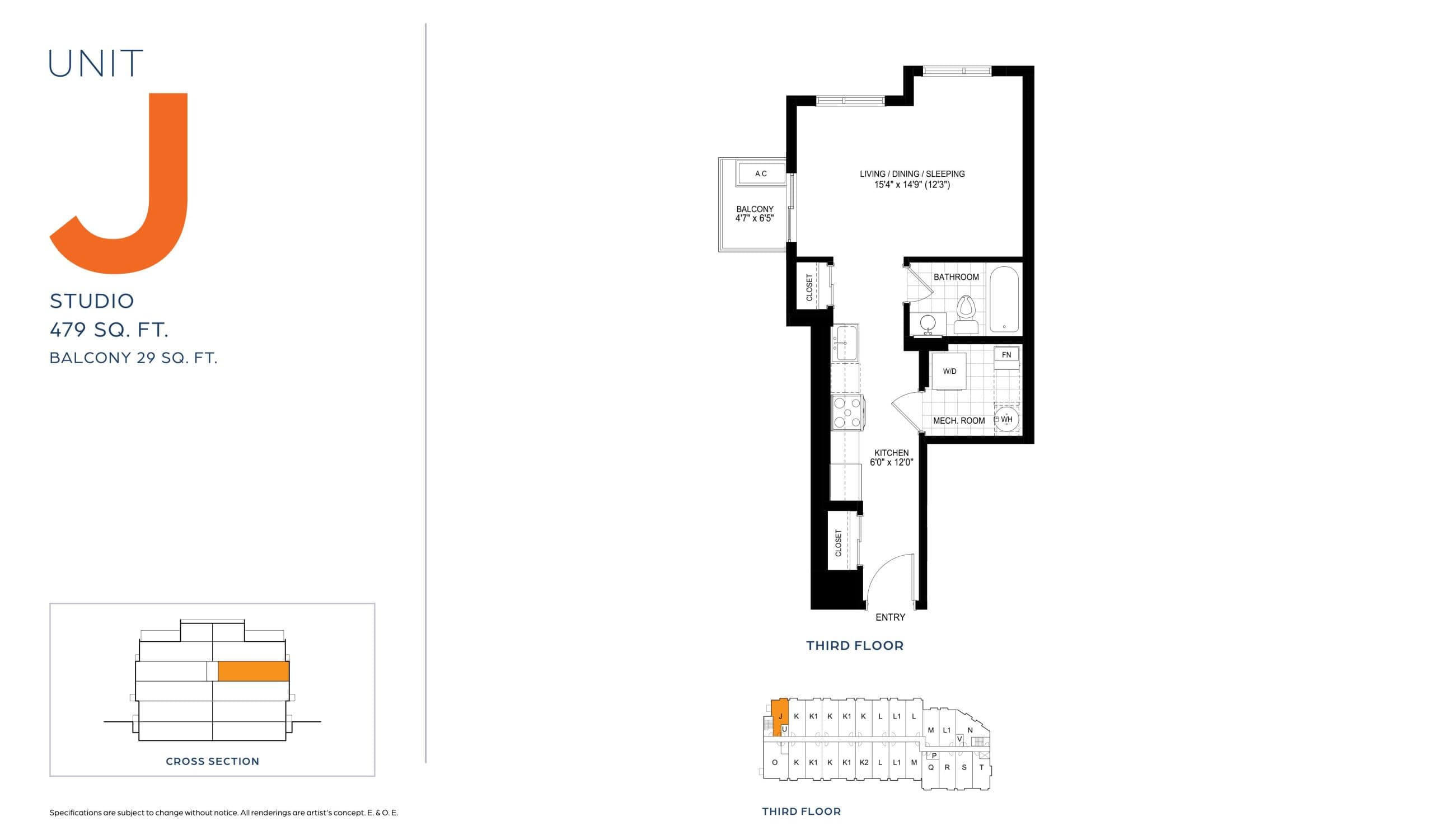 Unit J Floor Plan at Textbook Towns - 479 sq.ft