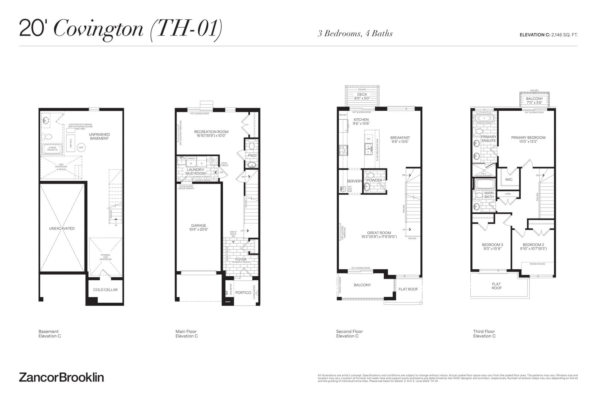 20' Covington Floor Plan at ZancorBrooklin Towns - 2146 sq.ft