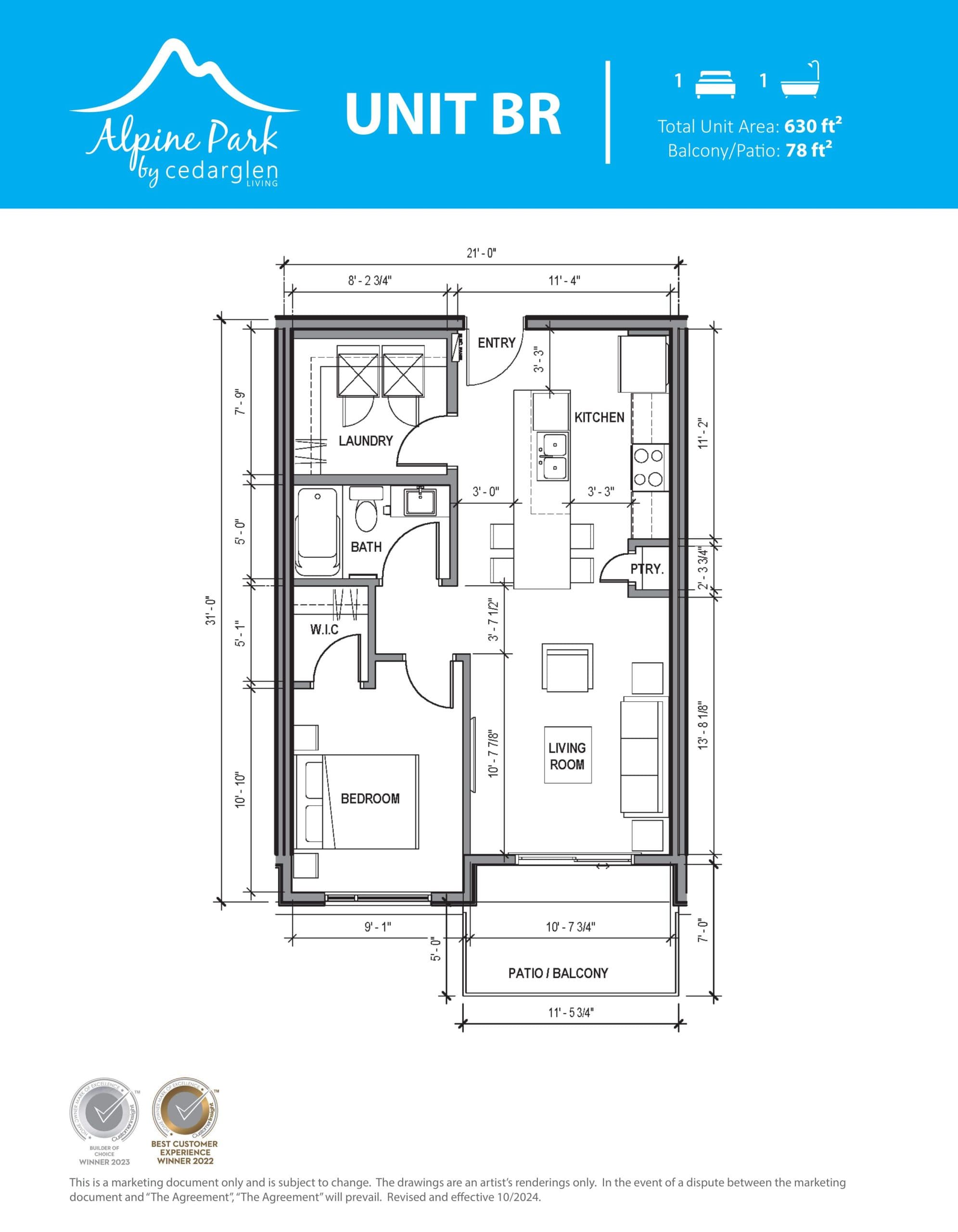 Unit BR Floor Plan at Alpine Park Place by Cedarglen Living - 630 sq.ft