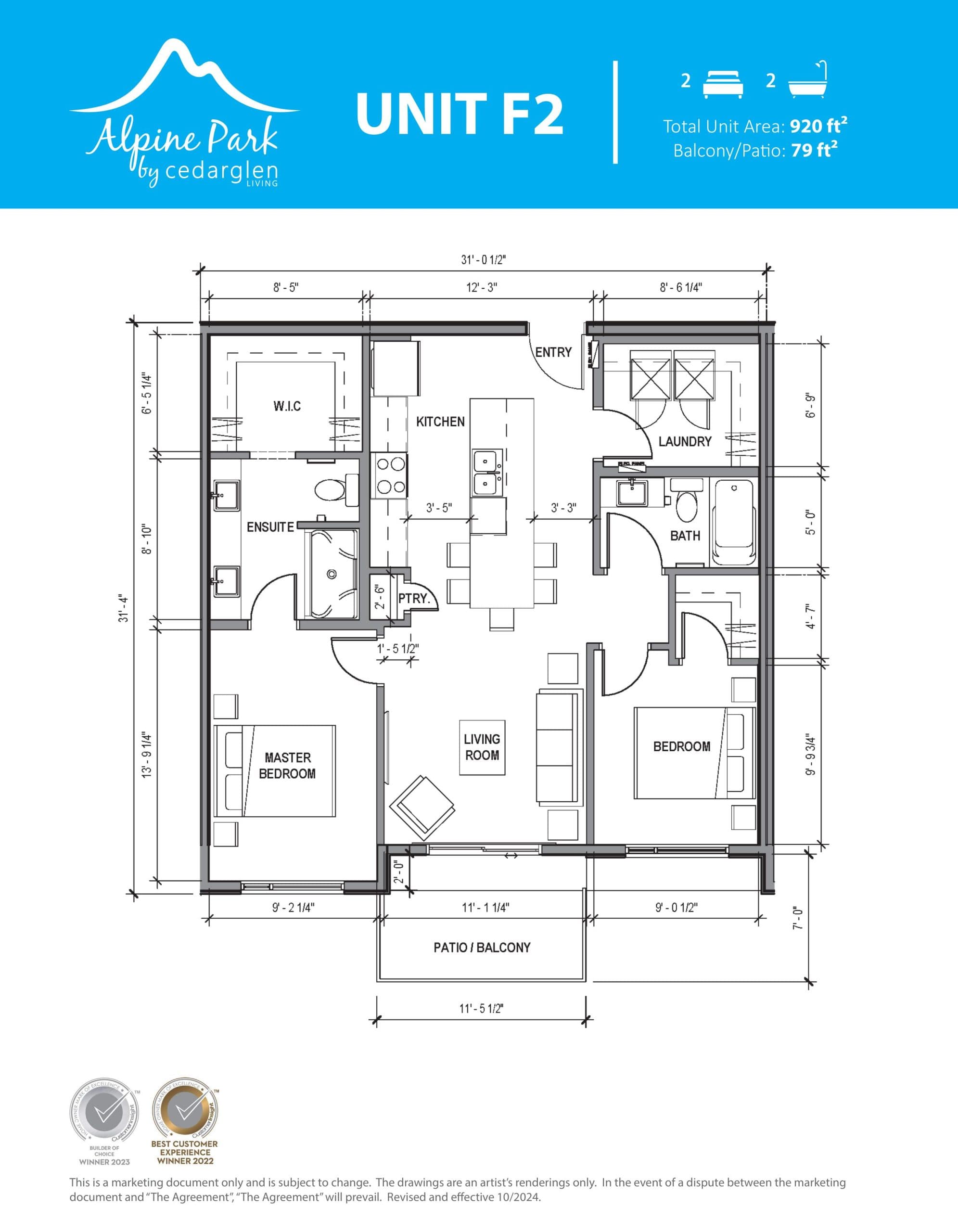 Unit F2 Floor Plan at Alpine Park Place by Cedarglen Living - 920 sq.ft