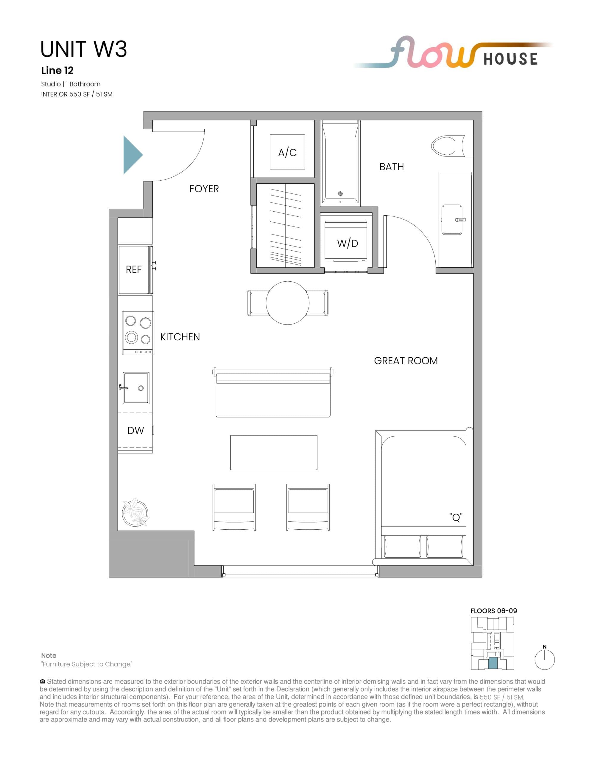 Unit W3 Floor Plan at Flow House Condos - 550 sq.ft