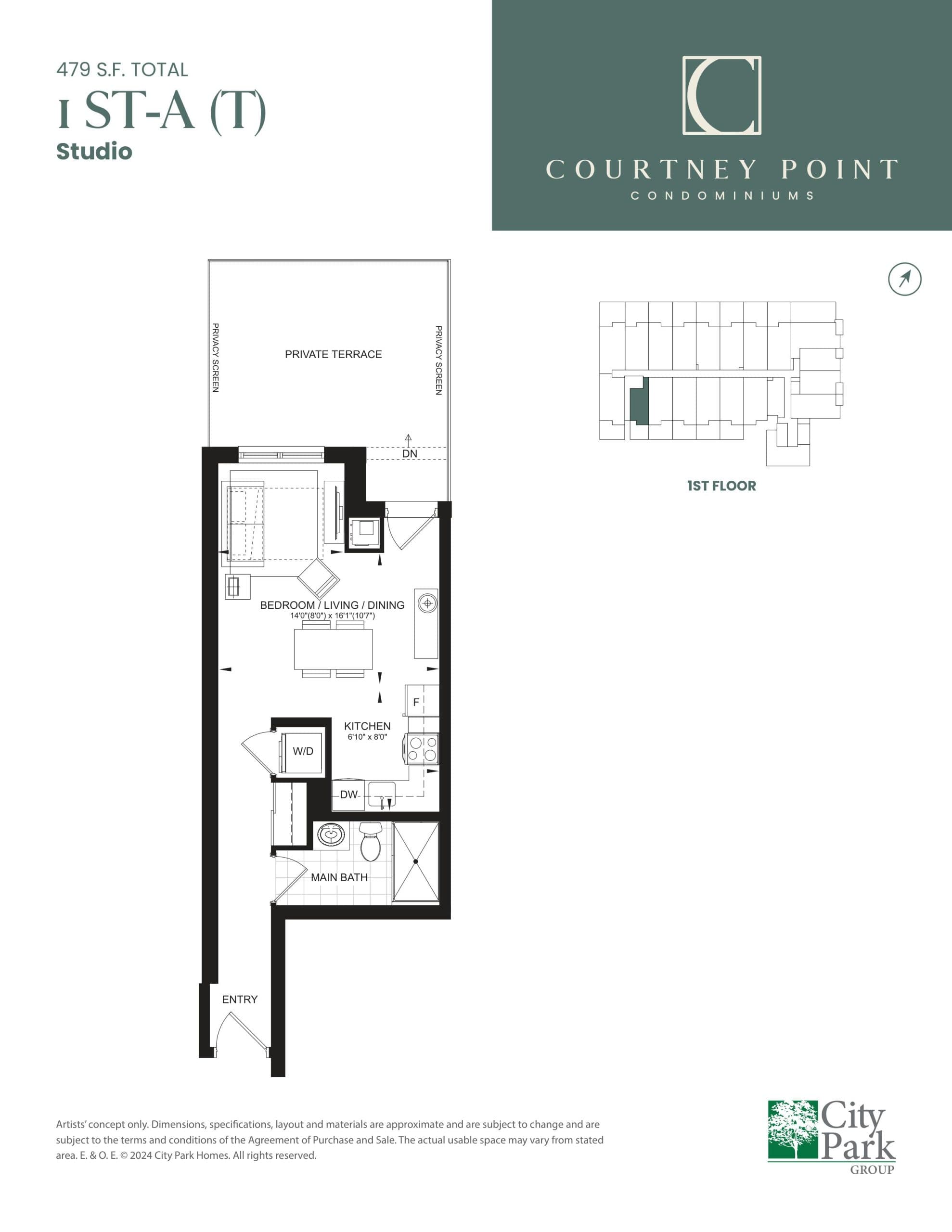 1 ST-A (T) Floor Plan at Courtney Point Condos - 479 sq.ft