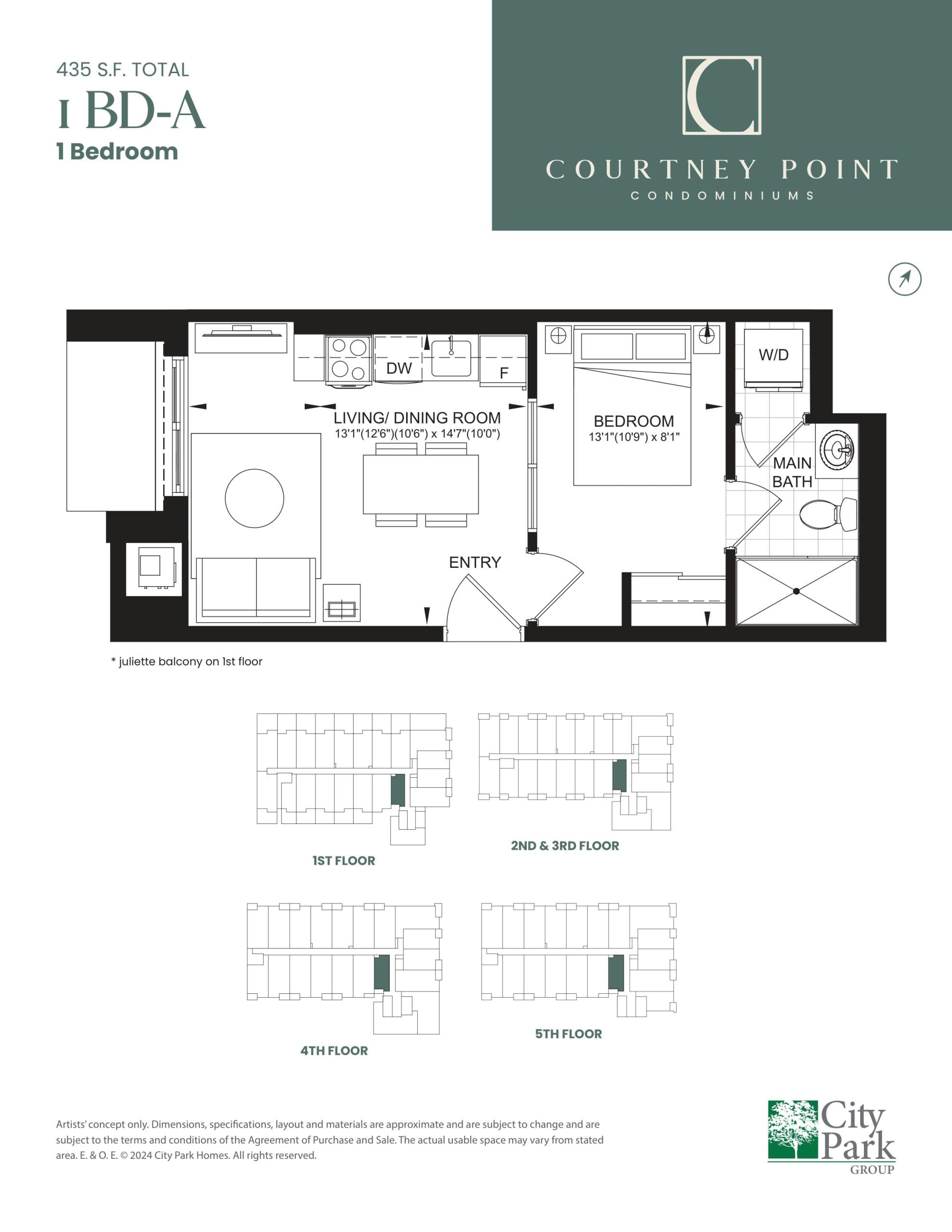 1 BD-A Floor Plan at Courtney Point Condos - 435 sq.ft