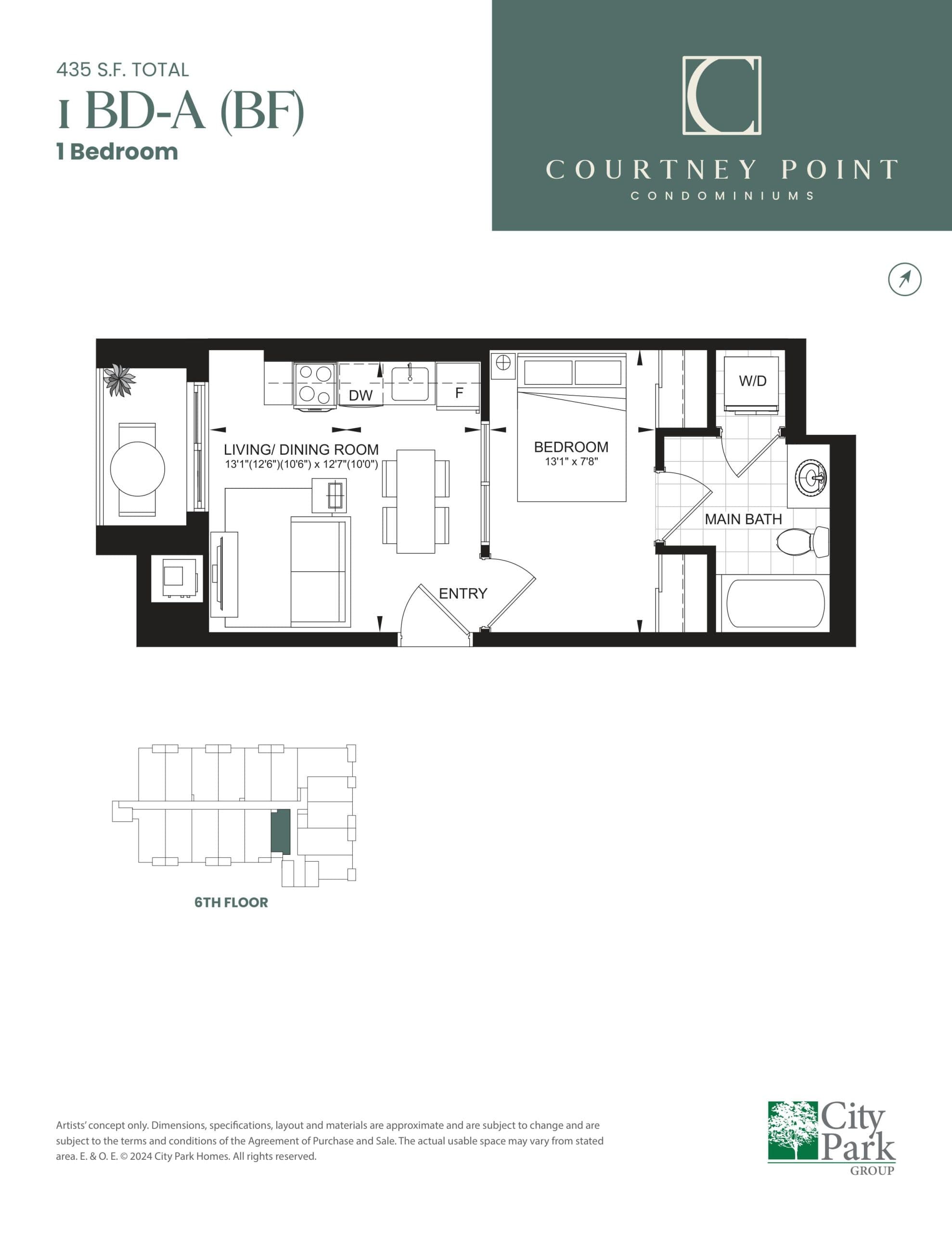 1 BD-A (BF) Floor Plan at Courtney Point Condos - 435 sq.ft