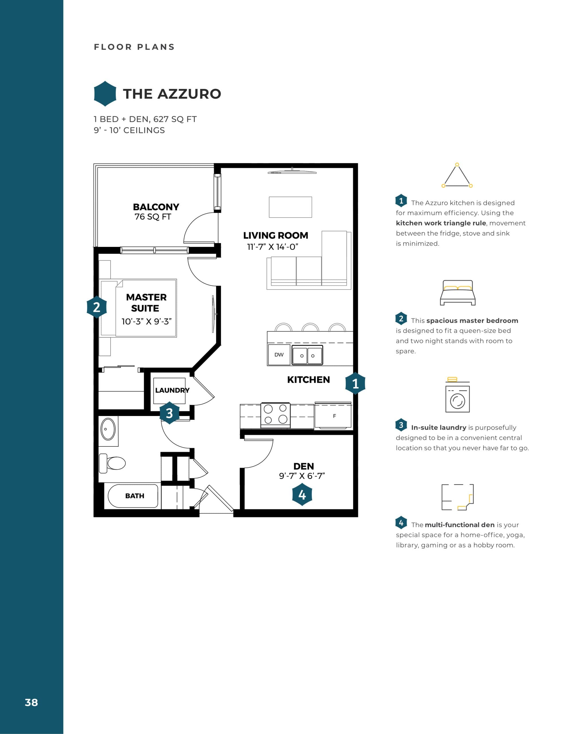 The Azzuro Floor Plan at Quesnay at Currie Condos - 627 sq.ft