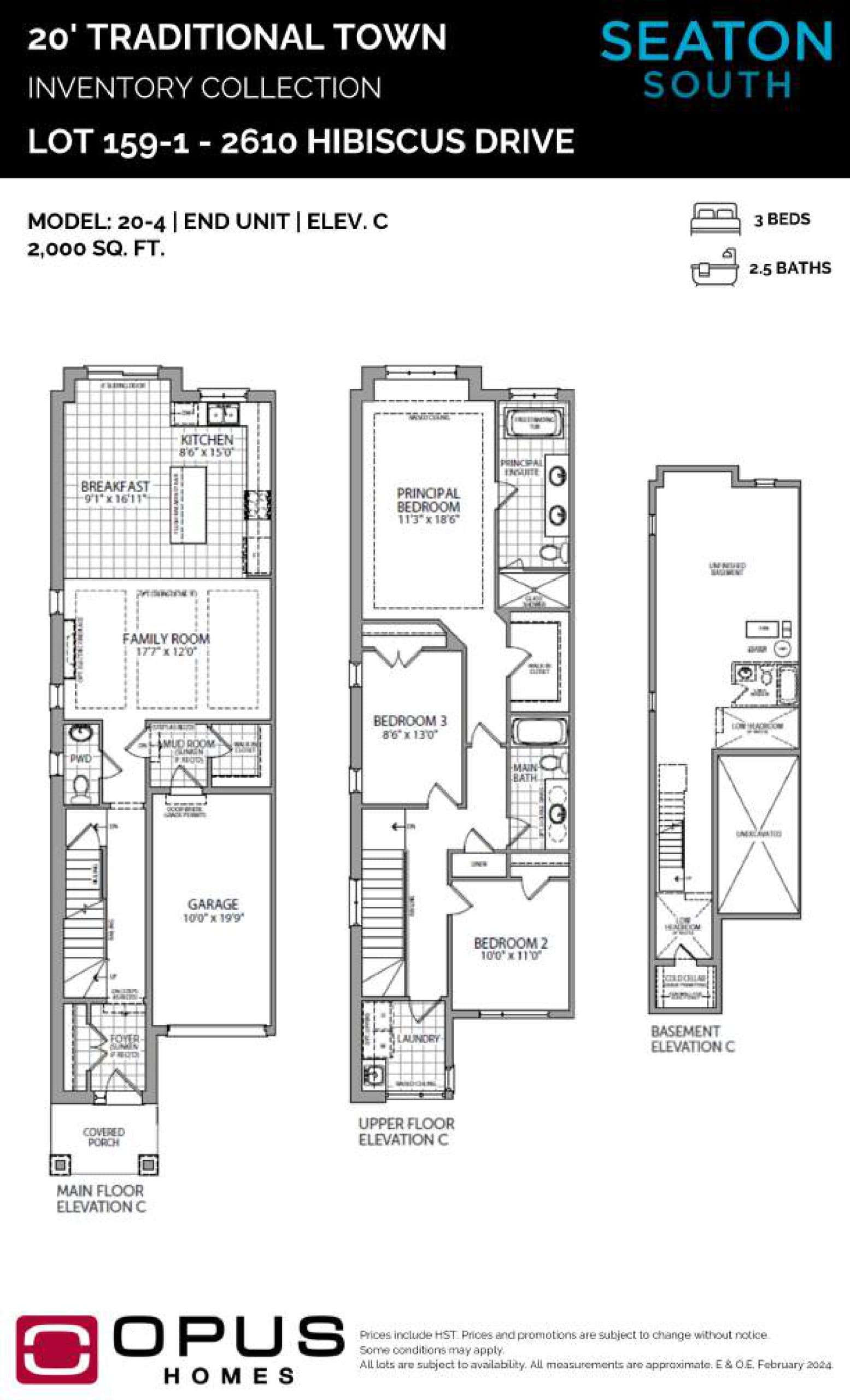 20-4 End Unit Elev C Floor Plan at Seaton South - Towns - 2000 sq.ft