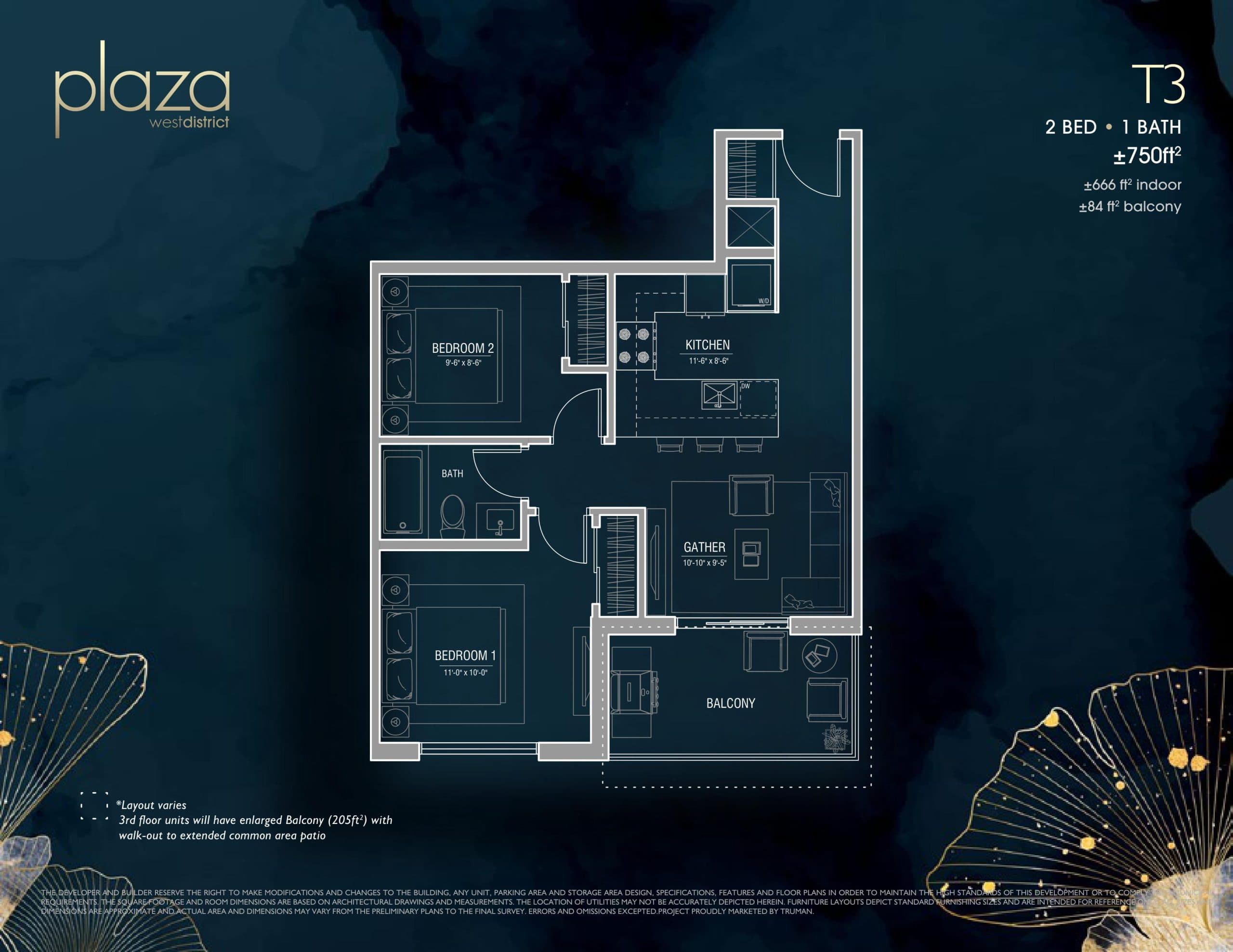 T3 Floor Plan at Plaza West District Phase 2 Condos - 750 sq.ft