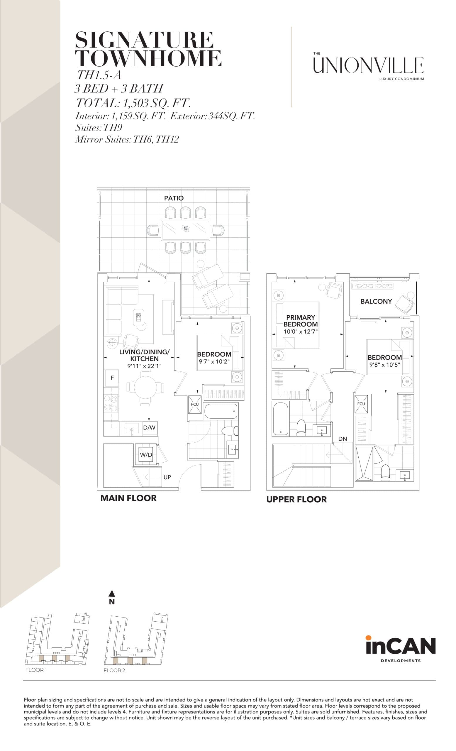 Signature Townhome TH9, TH6, TH12 Floor Plan at The Unionville Condos - 1159 sq.ft