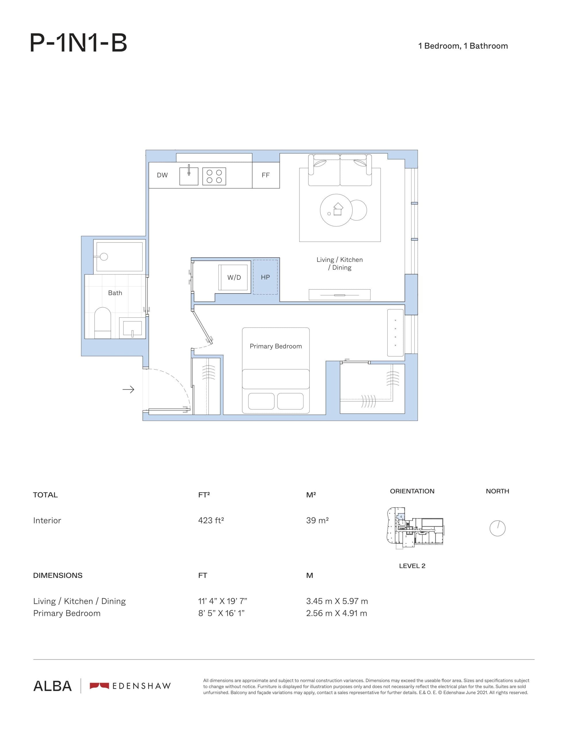 P-1N1-B Floor Plan at Alba Condos - 423 sq.ft