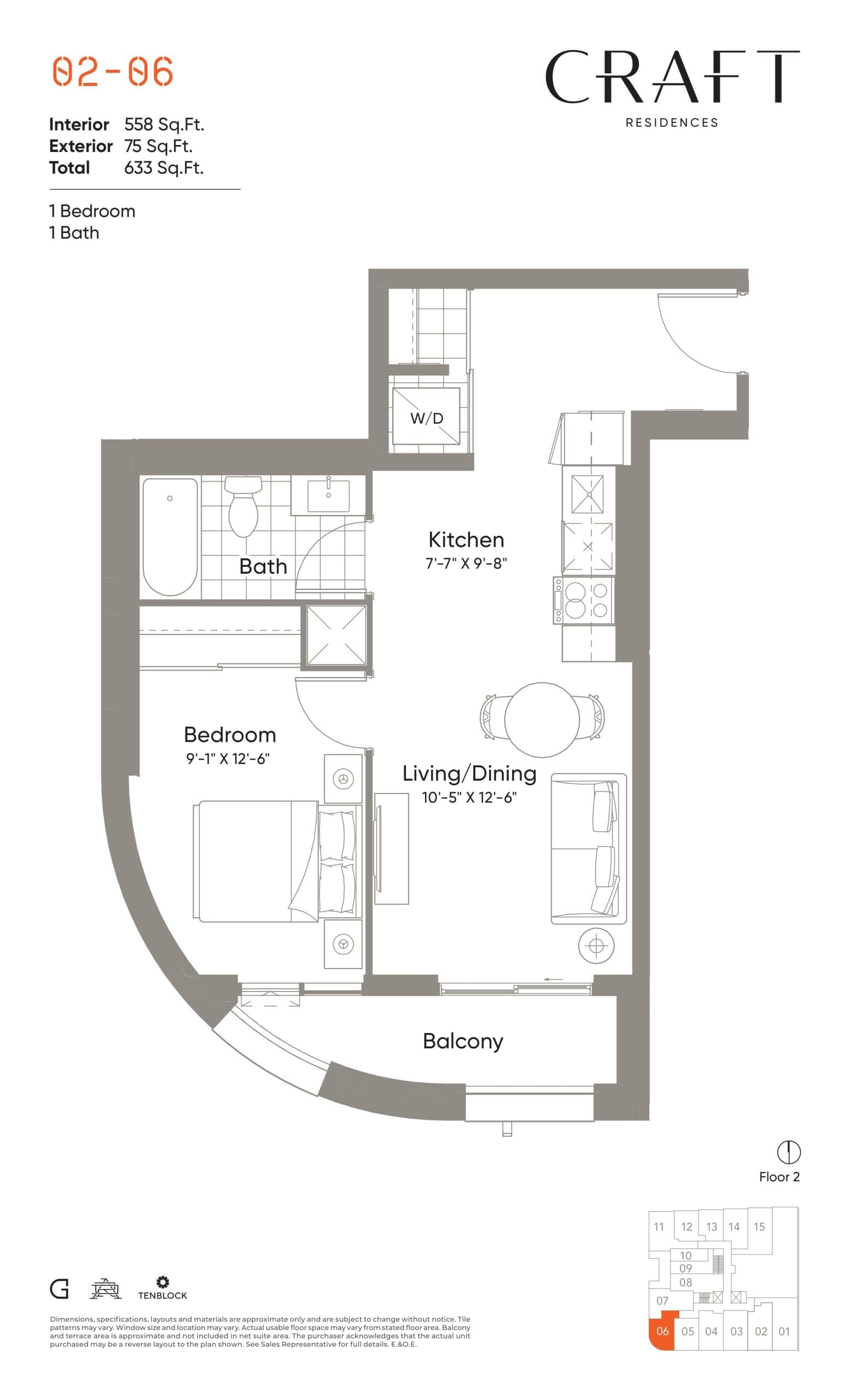 02-06 Floor Plan at Craft Residences - 558 sq.ft