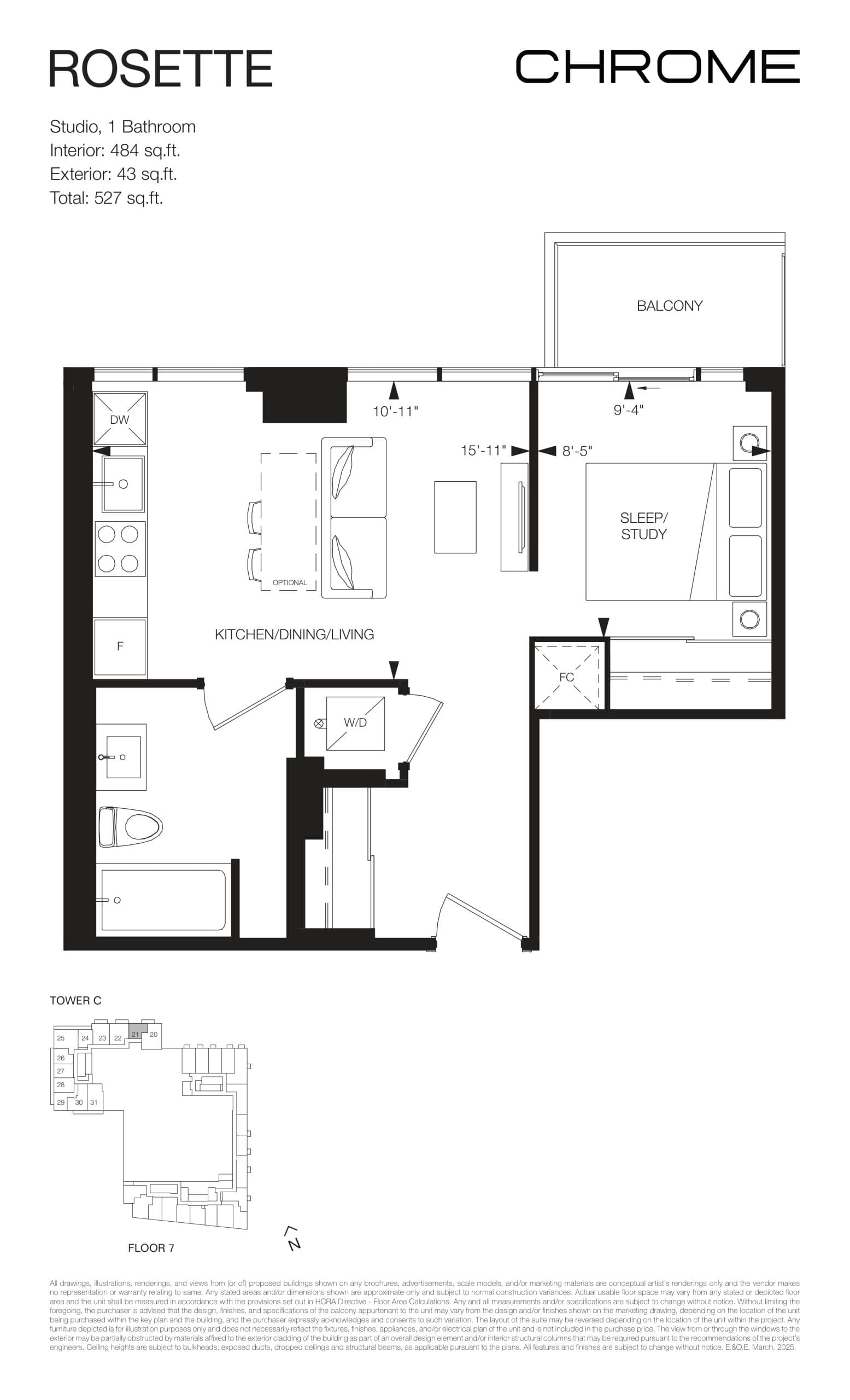 Rosette Floor Plan at Chrome Condos - 484 sq.ft