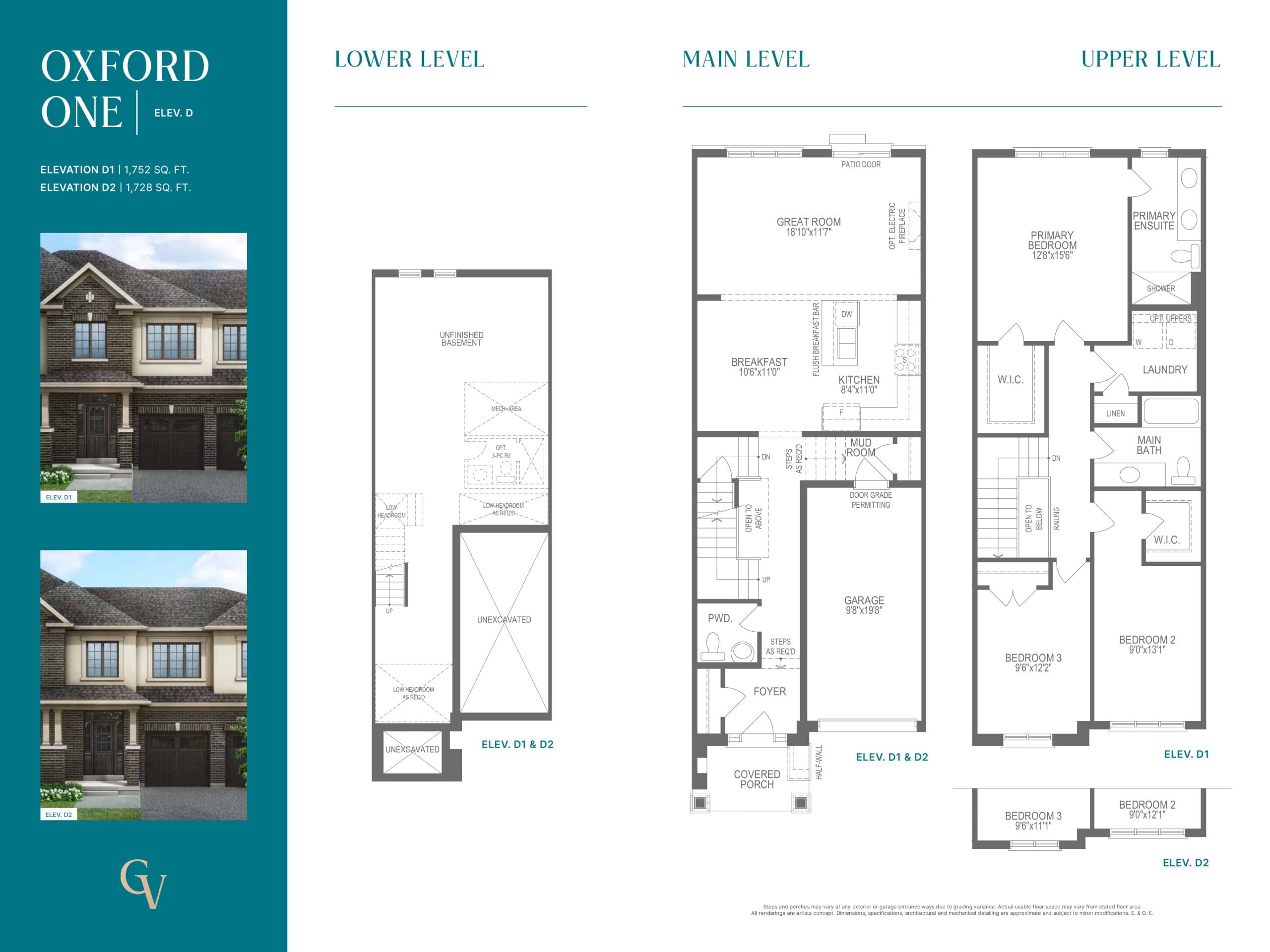 Oxford One - Elevation D Floor Plan at Georgina View Homes - 1728 sq.ft