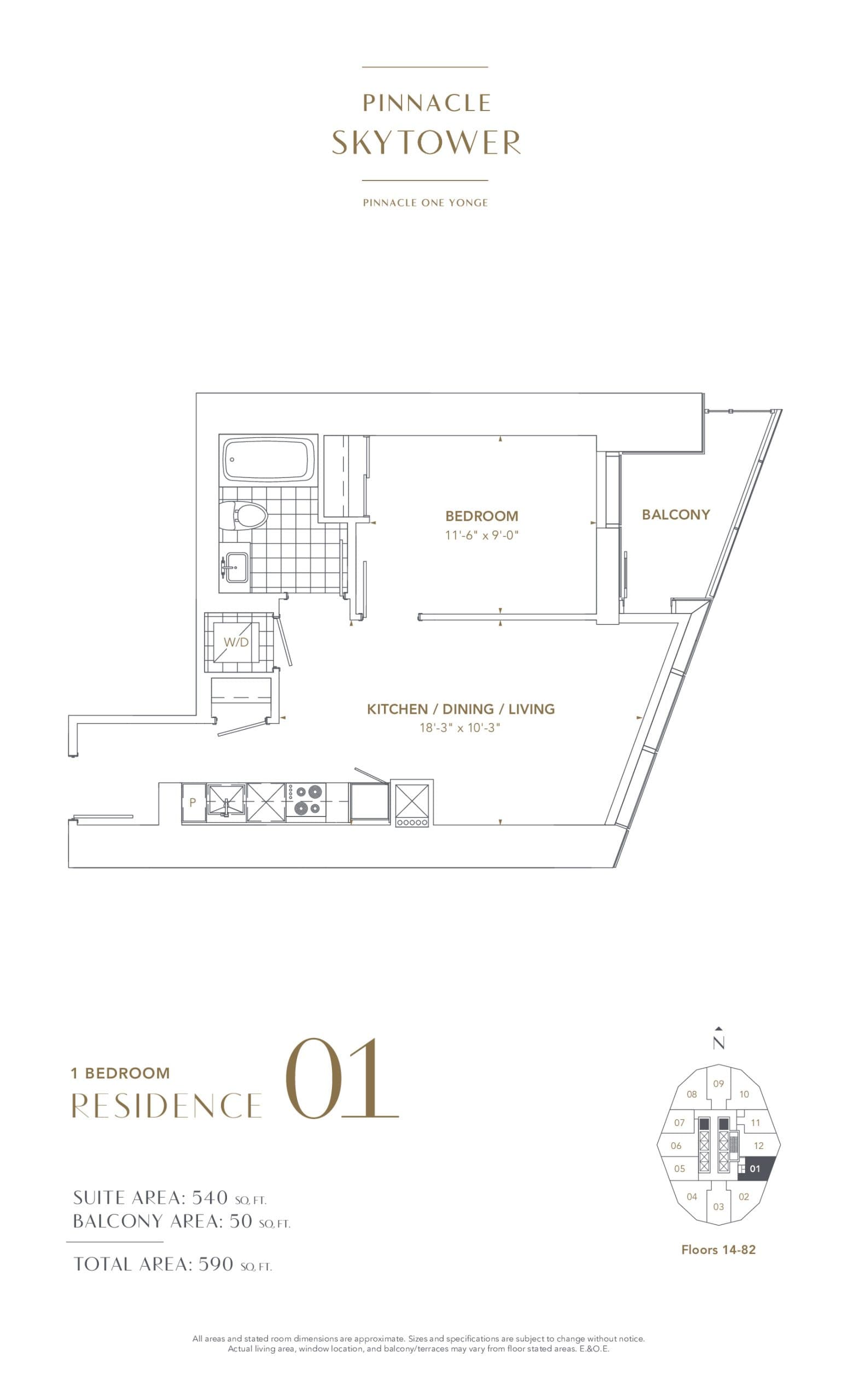 Residence 01 Floor Plan at SkyTower at Pinnacle One Yonge - 540 sq.ft