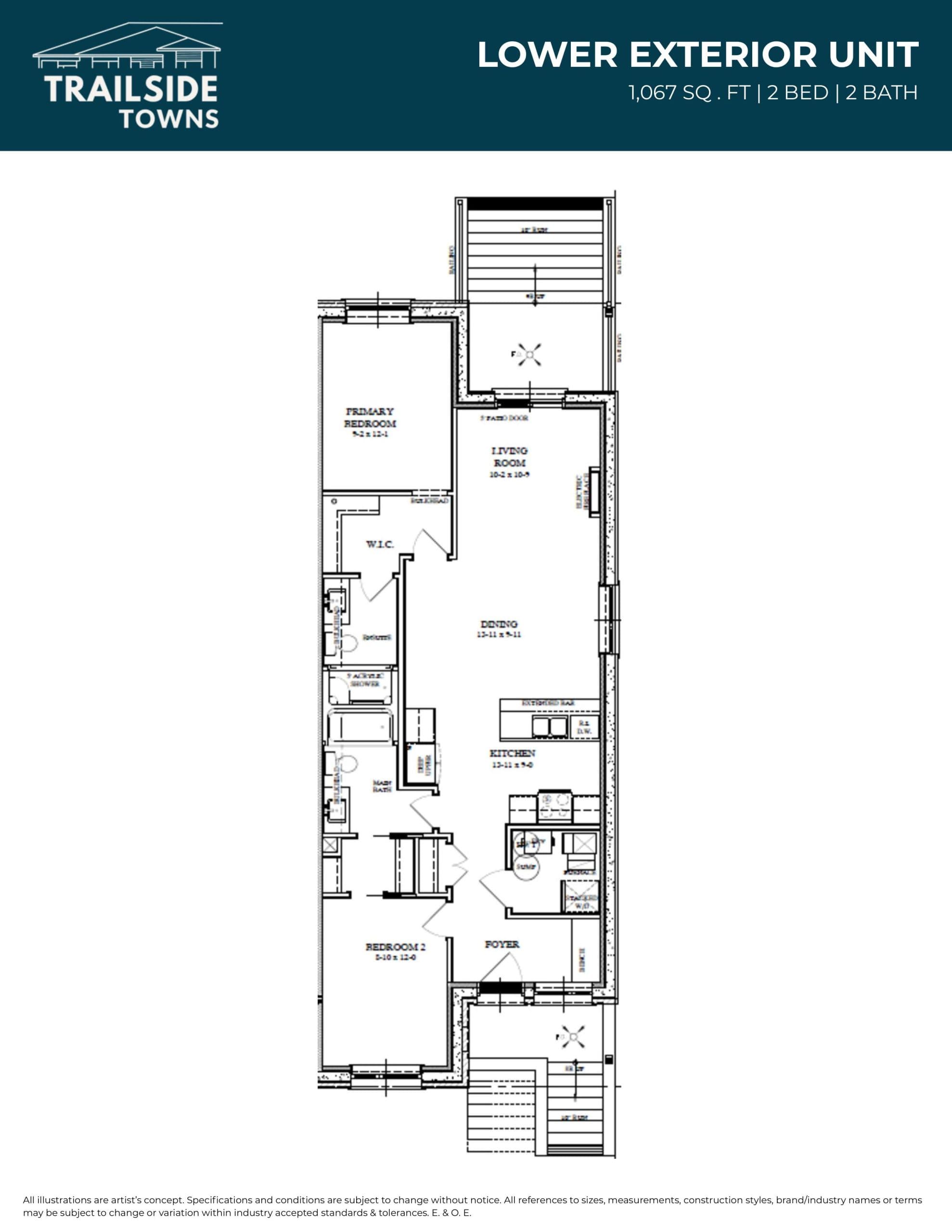 Lower Exterior Unit Floor Plan at Trailside Towns by Wilson Developments - 1067 sq.ft