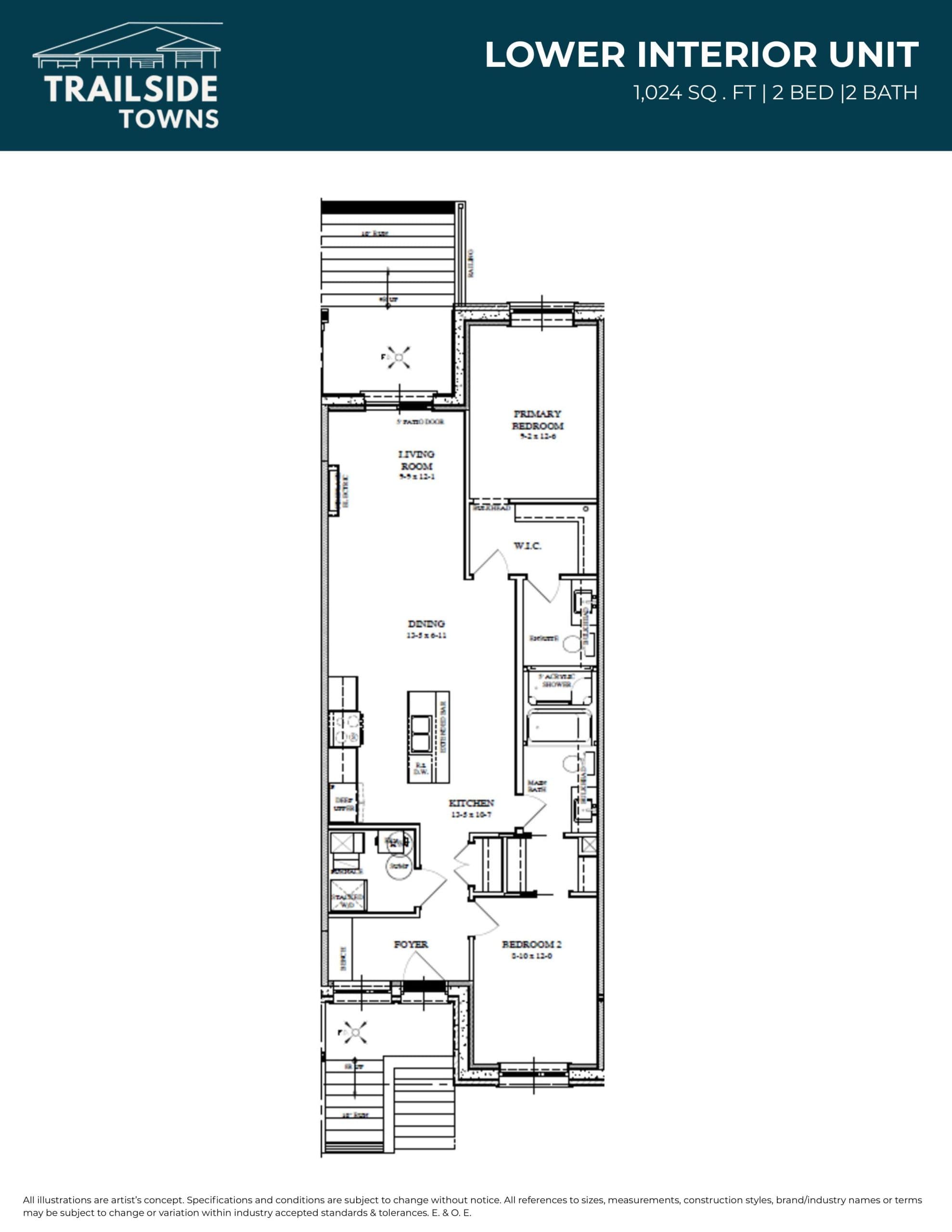 Lower Interior Unit Floor Plan at Trailside Towns by Wilson Developments - 1024 sq.ft