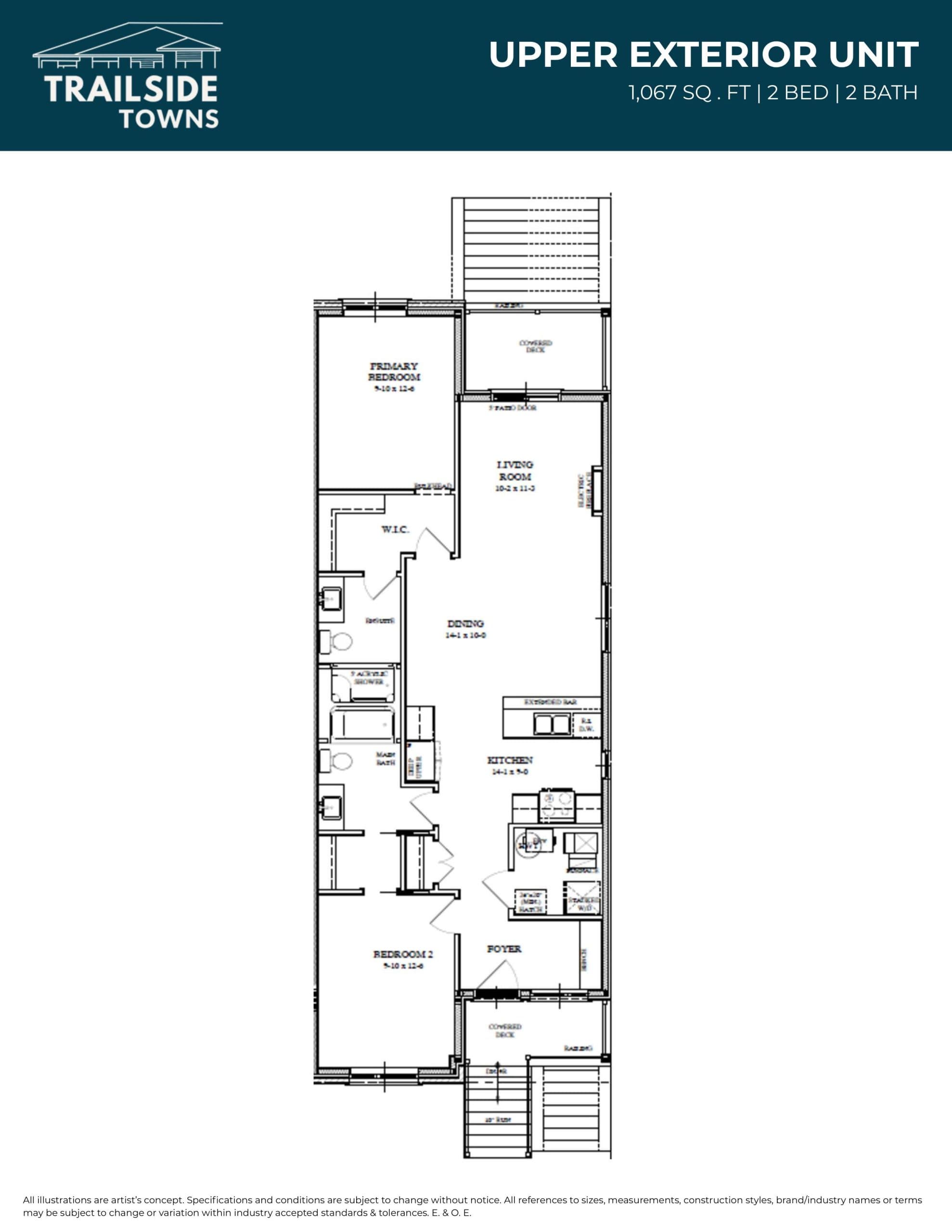 Upper Exterior Unit Floor Plan at Trailside Towns by Wilson Developments - 1067 sq.ft