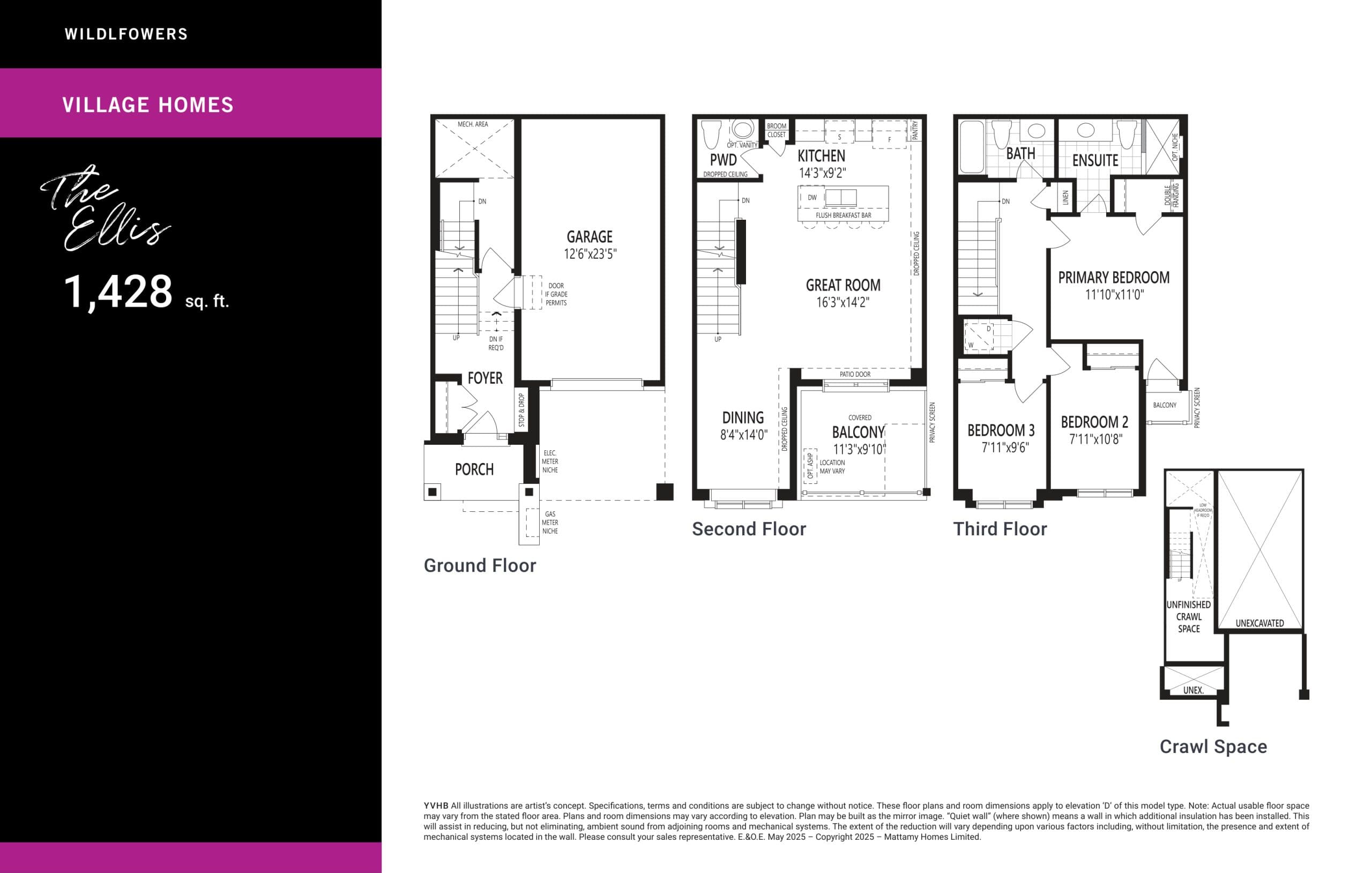 The Ellis Floor Plan at Wildflowers Kitchener Phase 8 by Mattamy Homes - 1428 sq.ft