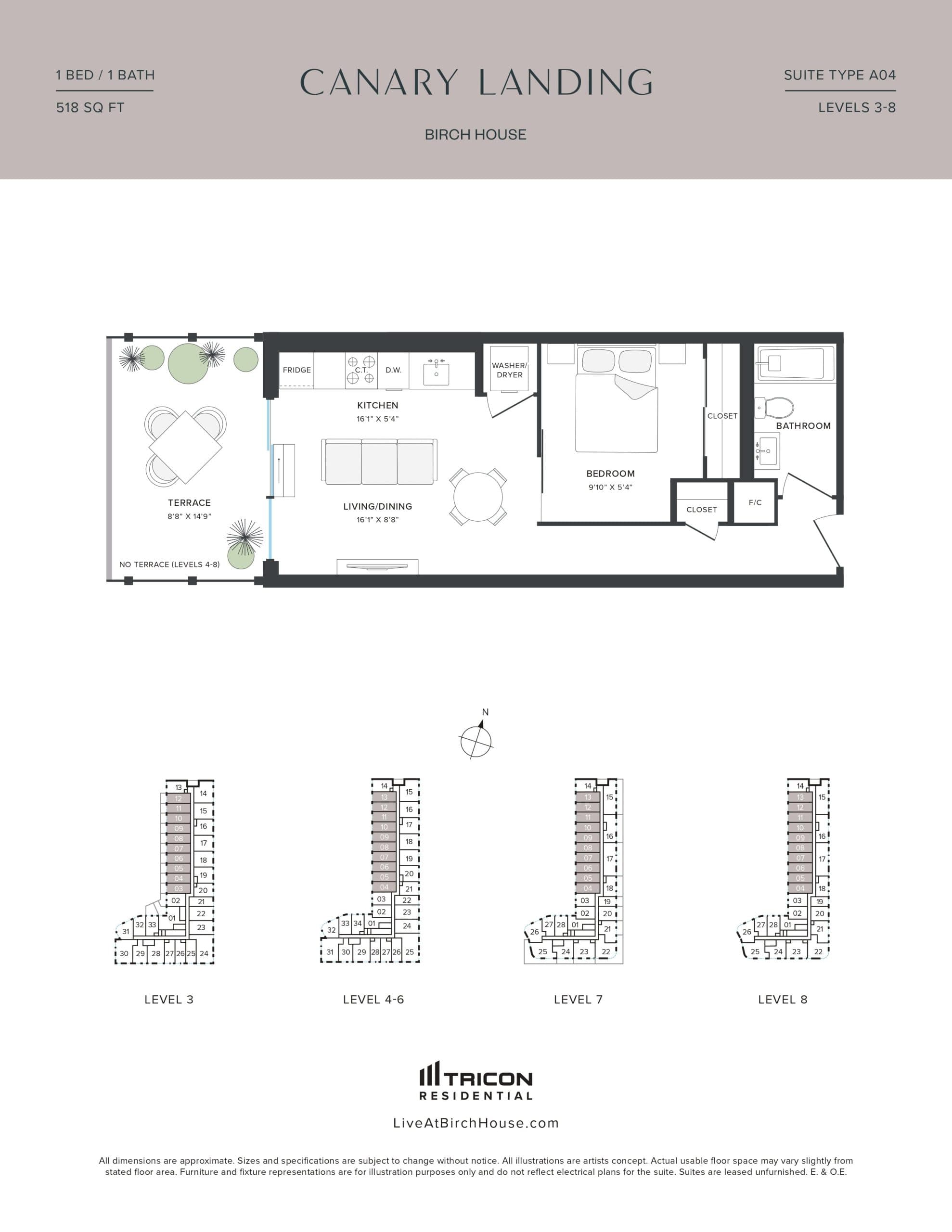 A04 Floor Plan at Birch House at Canary Landing - 518 sq.ft