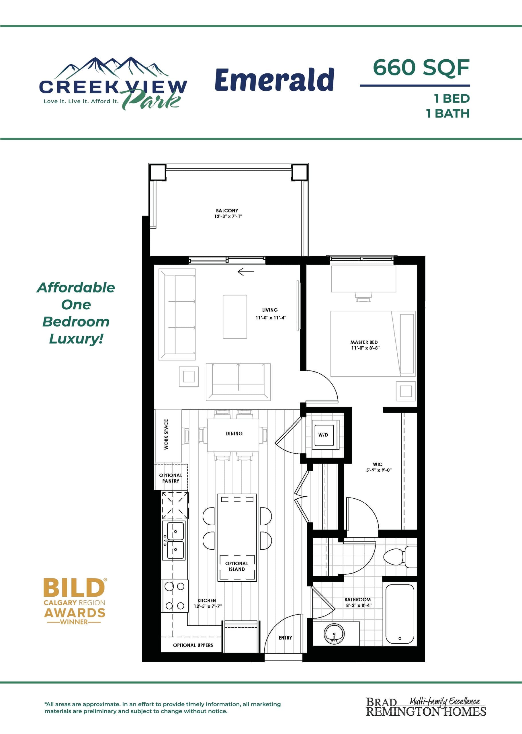 Emerald (Building 2000) Floor Plan at Creekview Park Condos - 660 sq.ft