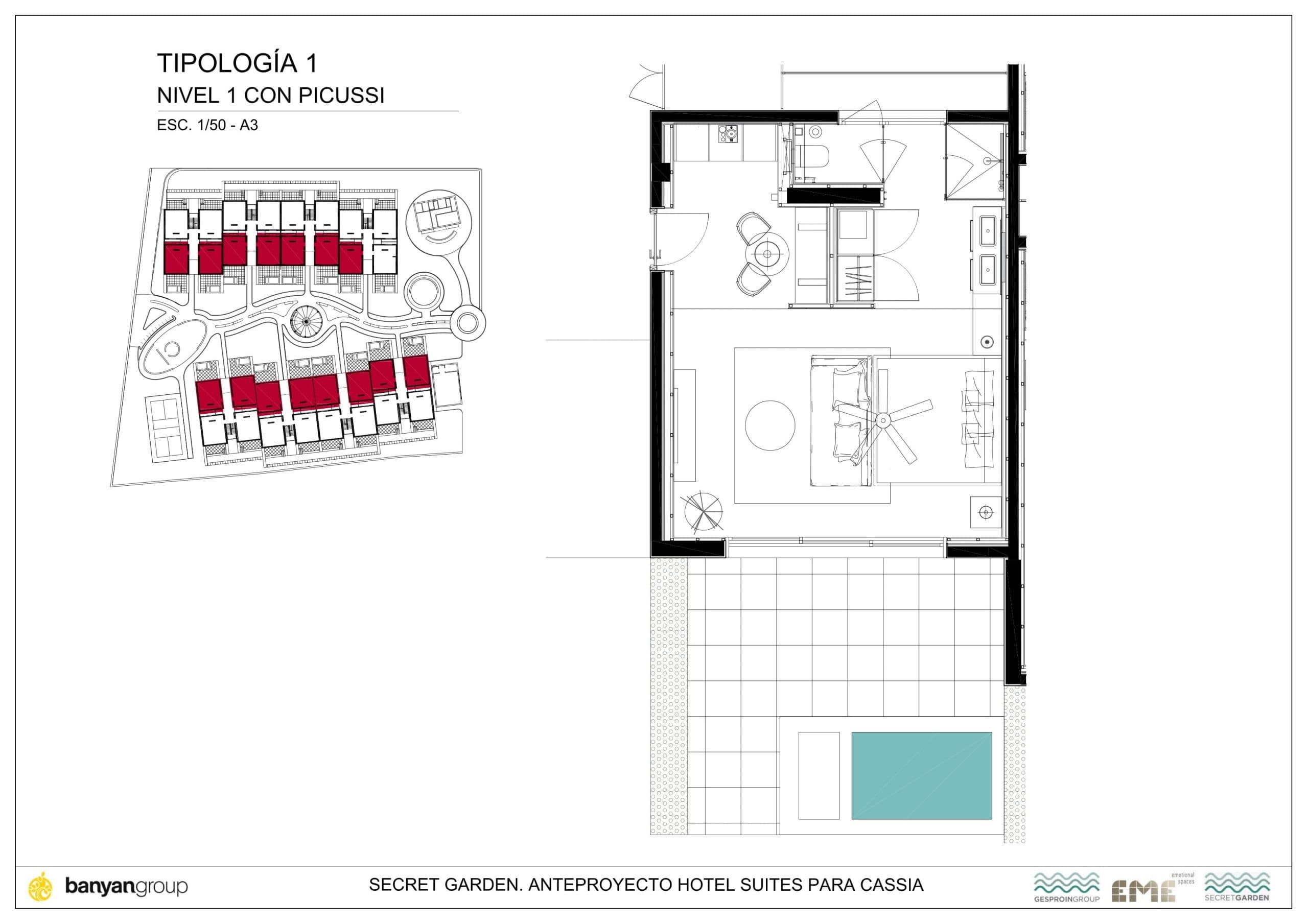 Tipologia 1 Floor Plan at Hotel Cassia Punta Cana - 490 sq.ft