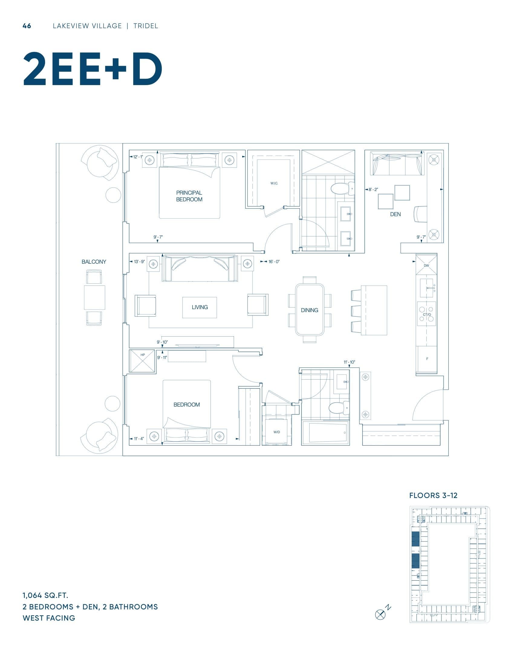 Suite 2EE+DB Floor Plan at Harbourwalk at Lakeview Village Condos - 1064 sq.ft