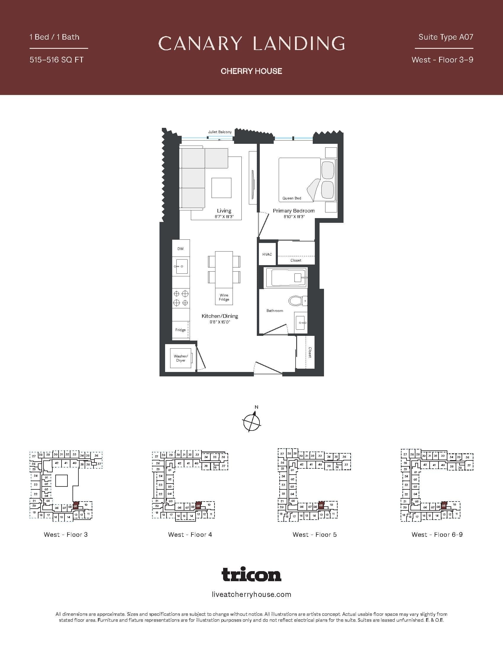 Type A07 Floor Plan at Cherry House at Canary Landing - 515 sq.ft