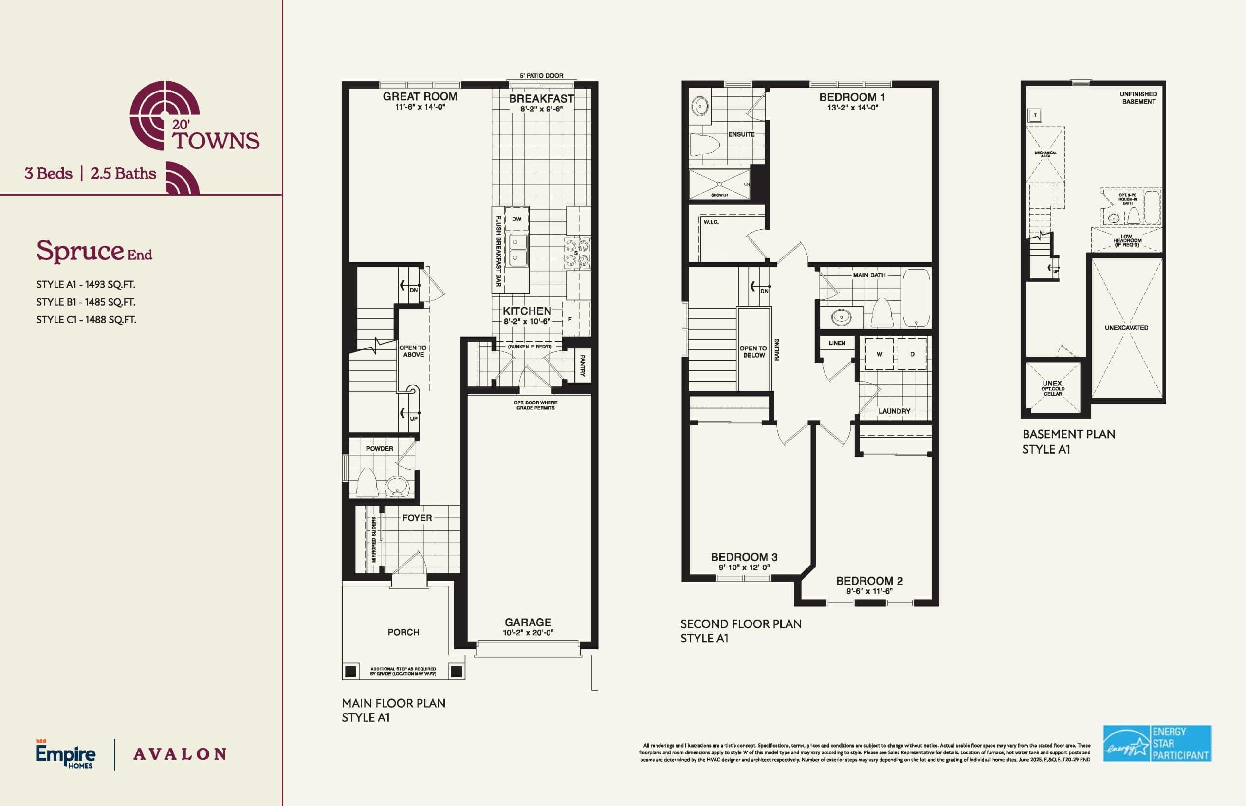 Spruce End Floor Plan at Empire Avalon Phase 9 Towns - 1493 sq.ft