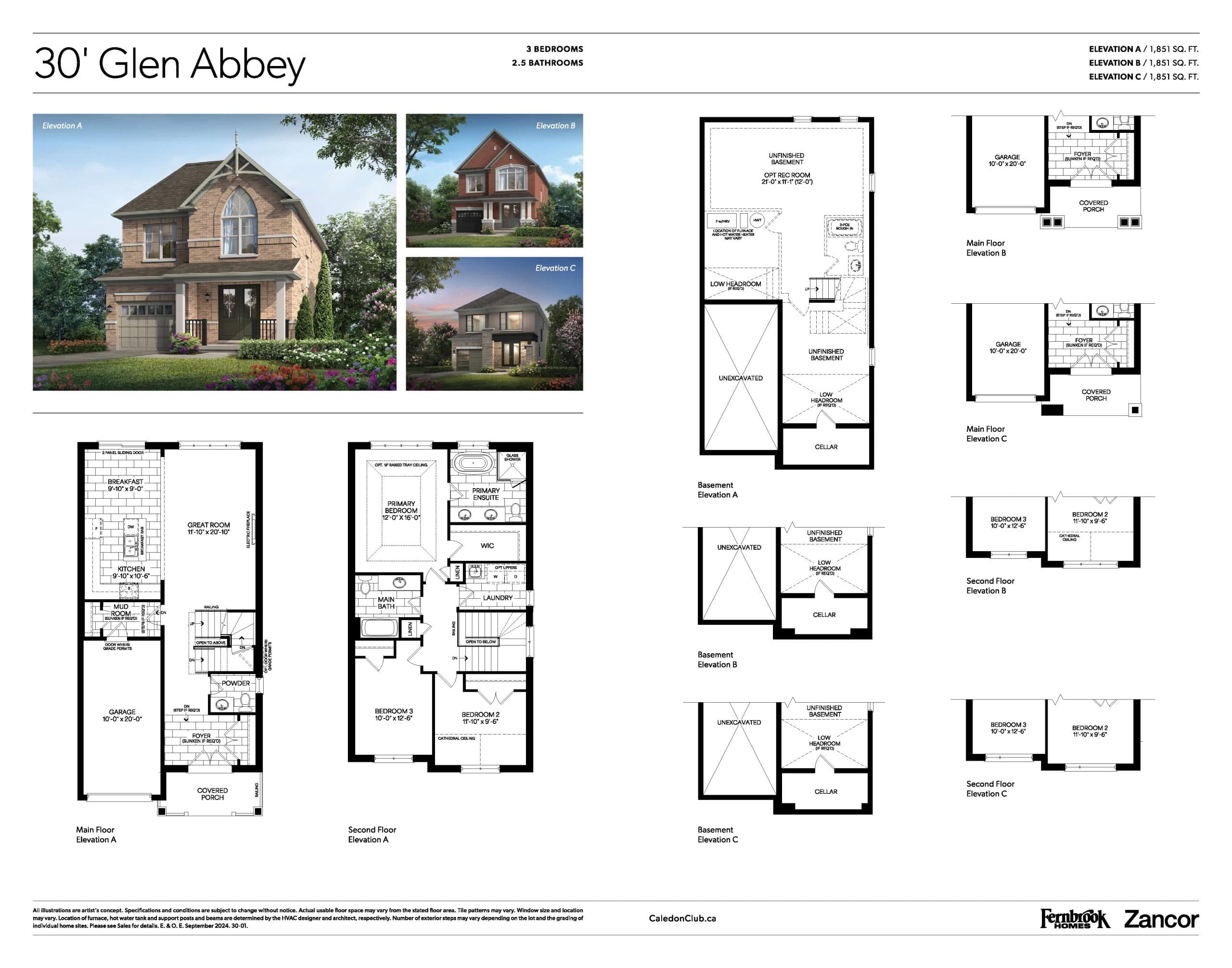 30' Glen Abbey Floor Plan at Caledon Club Towns Phase 2 - 1851 sq.ft