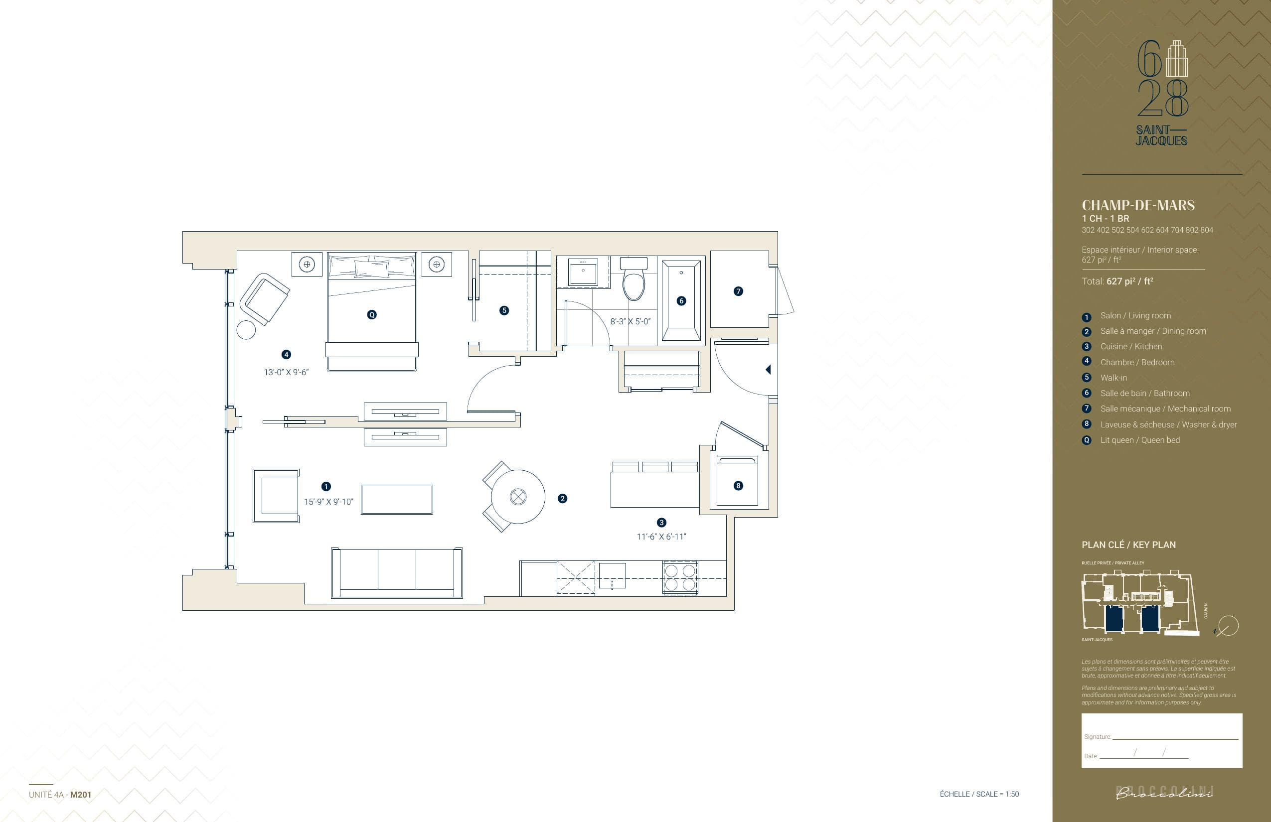Champ-de-Mars Floor Plan at 628 Saint-Jacques Condos - 627 sq.ft