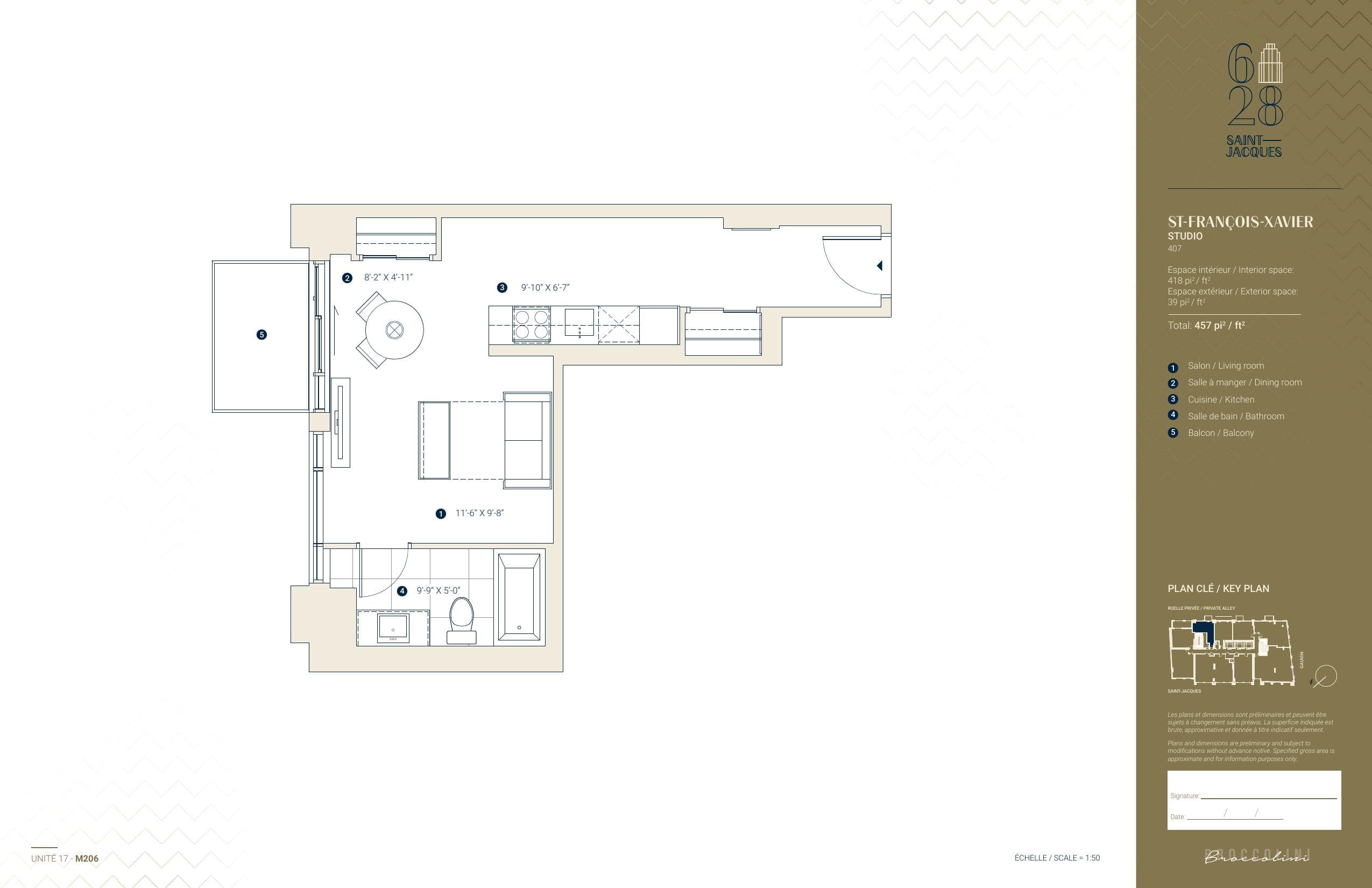 St-Francois-Xavier Floor Plan at 628 Saint-Jacques Condos - 418 sq.ft